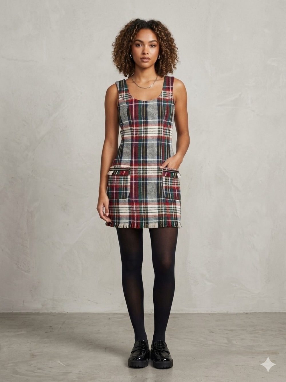 EUC Sz XS Zara TRF Tartan Check Tweed Mini Pinafore Dress Red, Green and White